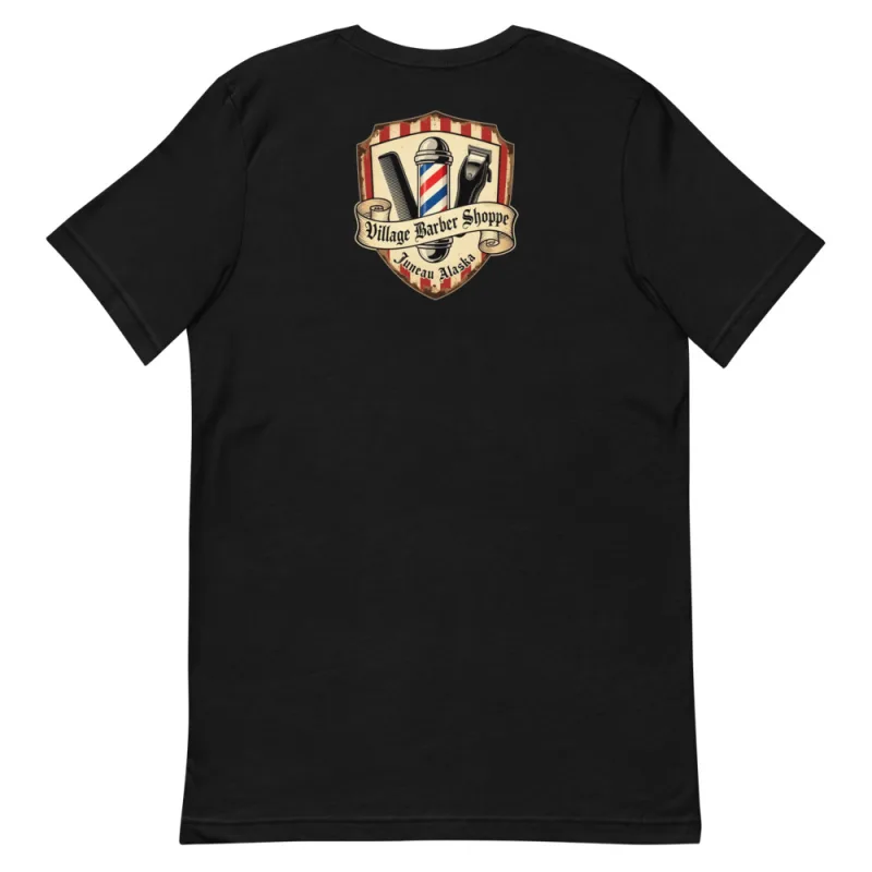 Big Logo Tee: black tee with the Village Barber Shoppe crest printed large on the back