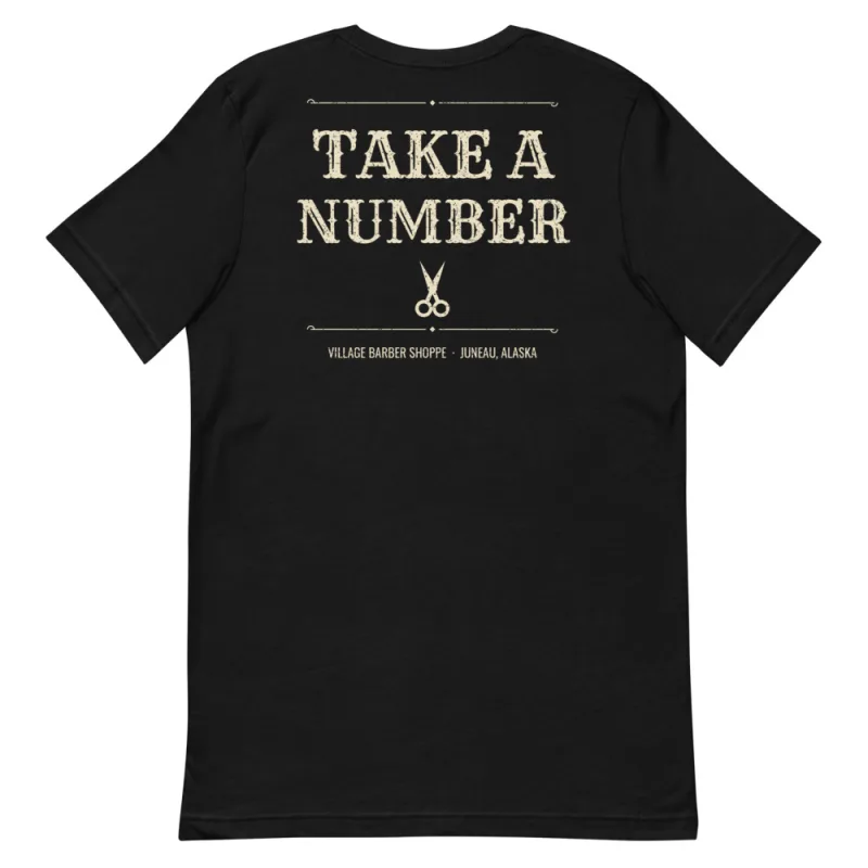 Take a Number Tee: black tee with cream distressed lettering on the back